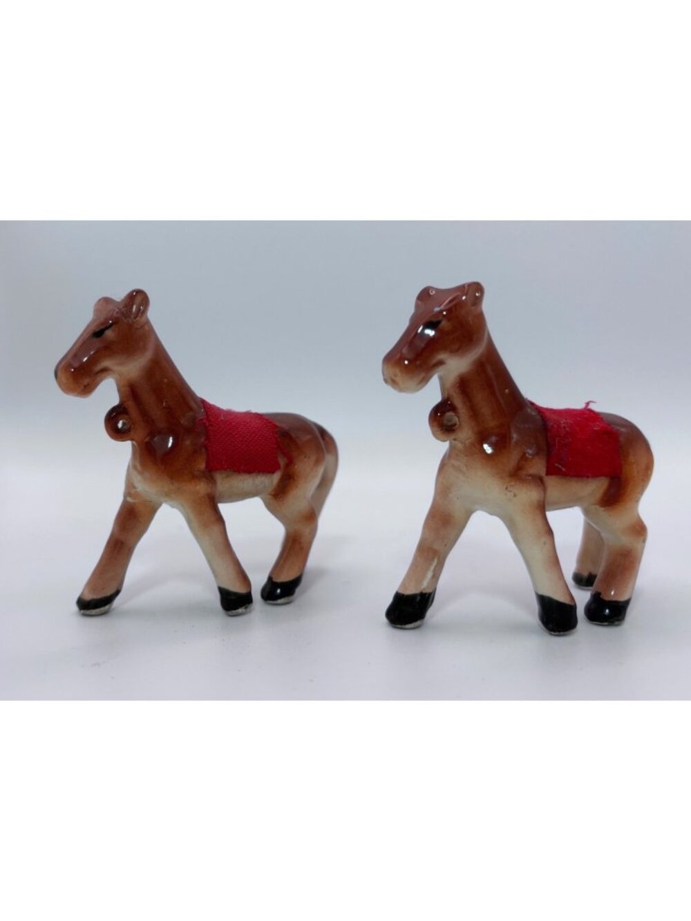 Vintage Ceramic Horse Figurines With Red Saddle - Set Of 2 - Hand-Painted Brown
